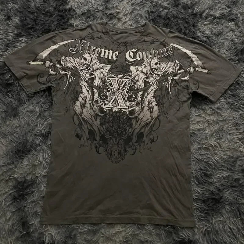 Affliction Gothic Script & Wing Print Tee, Exquisite Streetwear Graphic T - Shirt for Trendsetters