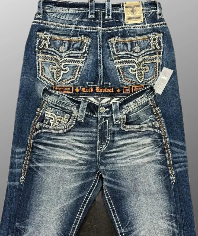 New Style Blue Embroidered Cross Pattern Jeans Vintage Streetwear Harajuku Casual Hip Hop Men and Women Y2k American Retro Jeans