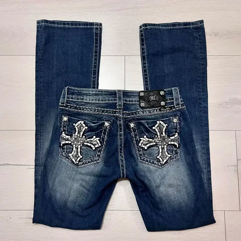 American 2000s Trend Women Jeans Rhinestone Embroidered Pocket Flanging Korean Version Oversized straight Denim Bell-Bottom