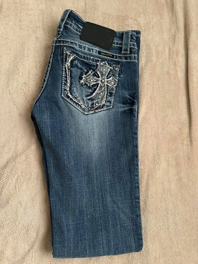 American style slim fit personalized cross embroidered jeans y2k millennial spicy girl low waist design with floor length pants