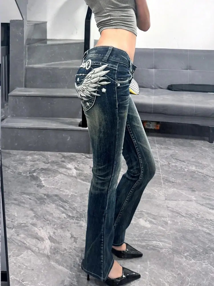 American Babes Subculture Low Rise Jeans Women Vintage Design Sense Wing Embroidery Slightly Flared Trousers Causal Long Pants