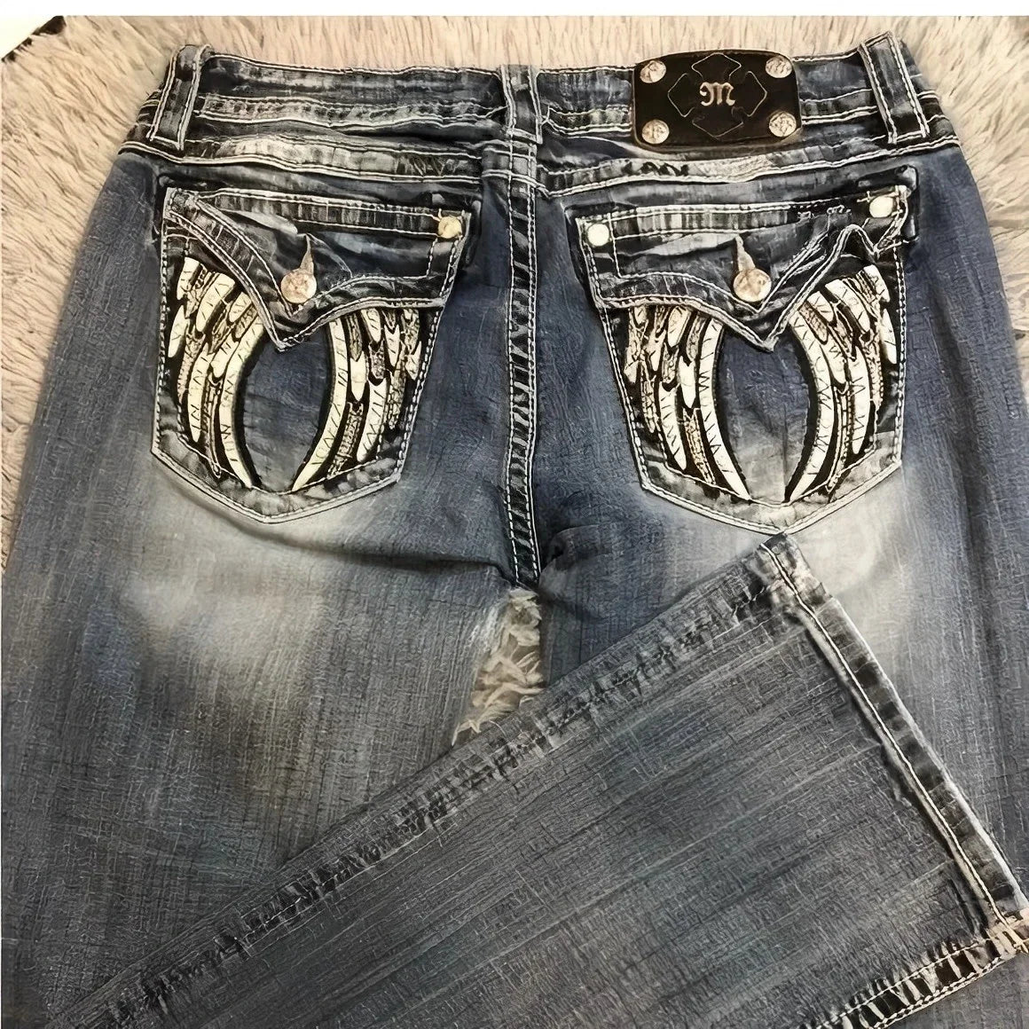 Harajuku Wings Bling Sparkle Pockets Pants Y2K New Gothic White Denim Embroidery Jeans Women Hip Hop Streetwear Goth Baggy Jeans