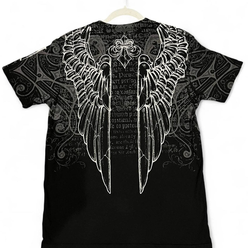 Affliction Gothic Script & Wing Print Tee, Exquisite Streetwear Graphic T - Shirt for Trendsetters