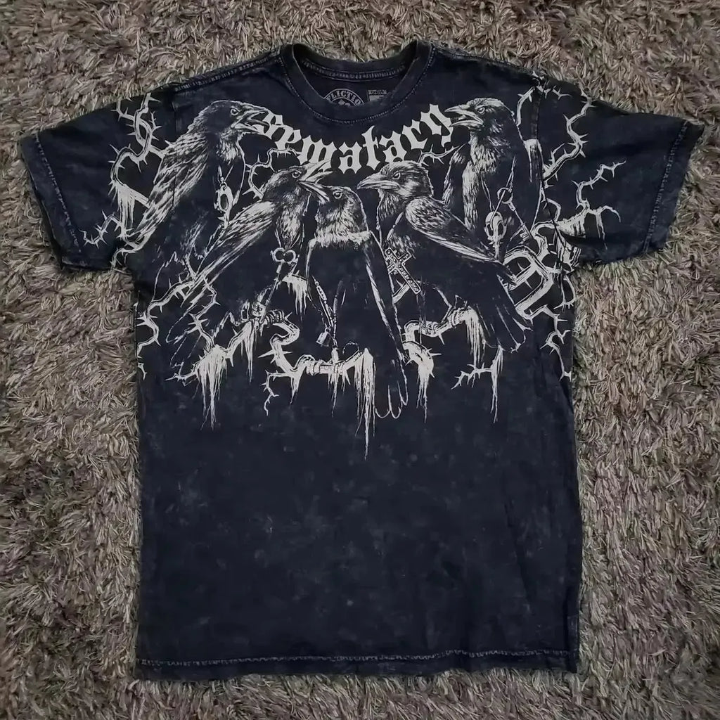 Affliction Gothic Script & Wing Print Tee, Exquisite Streetwear Graphic T - Shirt for Trendsetters