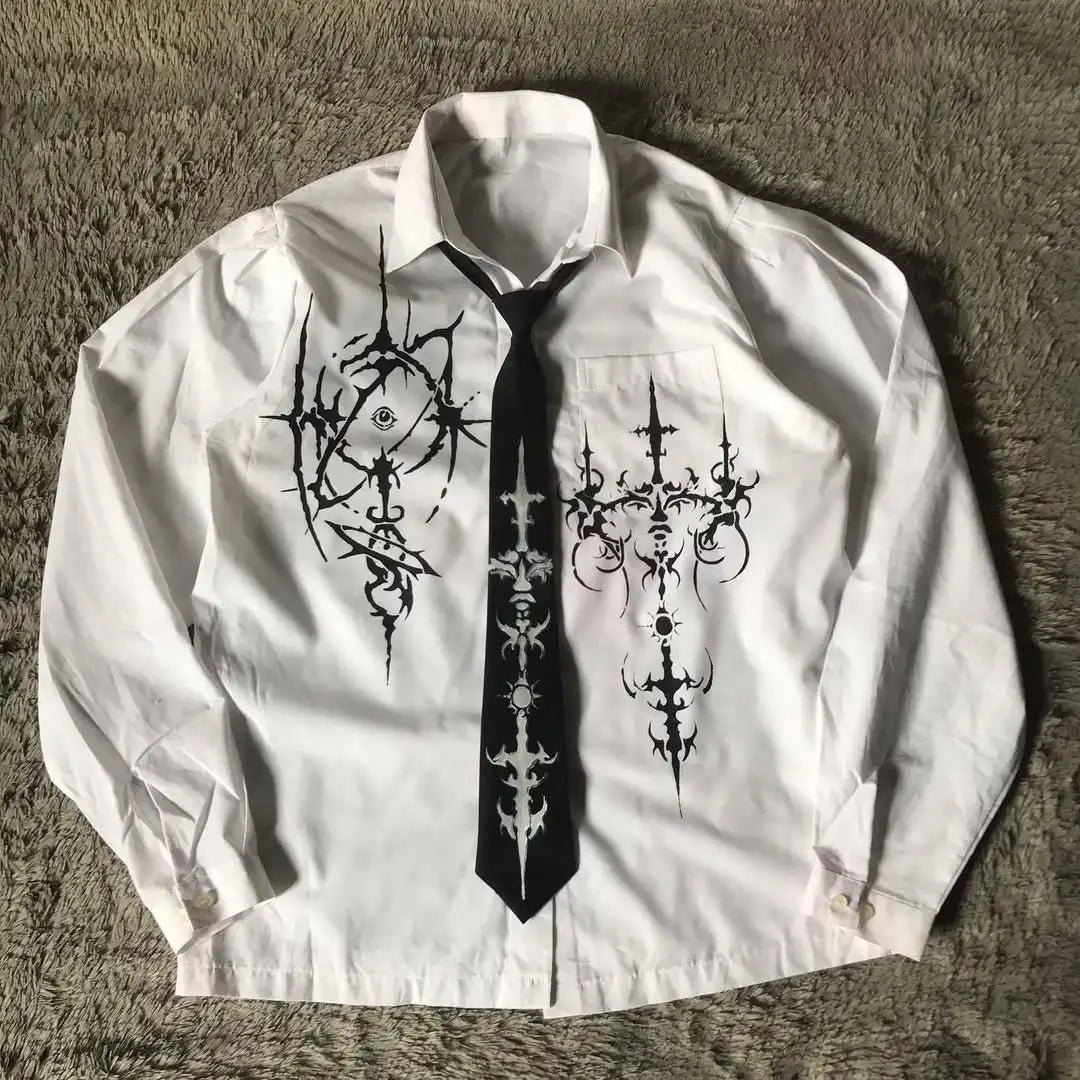 White Long Sleeves Shirt Affliction Harajuku Retro V-neck Shirt Men Skull Scripture Printing Tee Fashion Gothic Cotton Tops