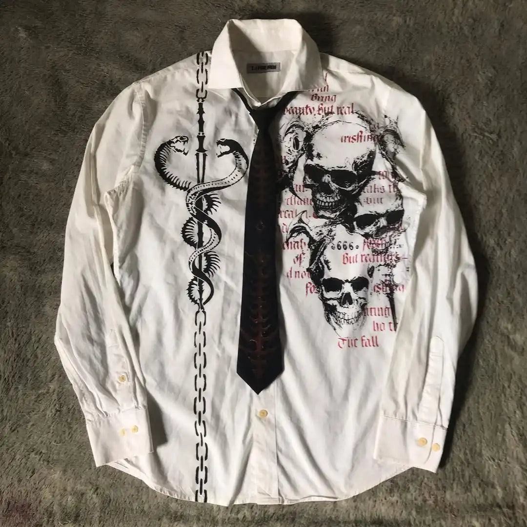 White Long Sleeves Shirt Affliction Harajuku Retro V-neck Shirt Men Skull Scripture Printing Tee Fashion Gothic Cotton Tops