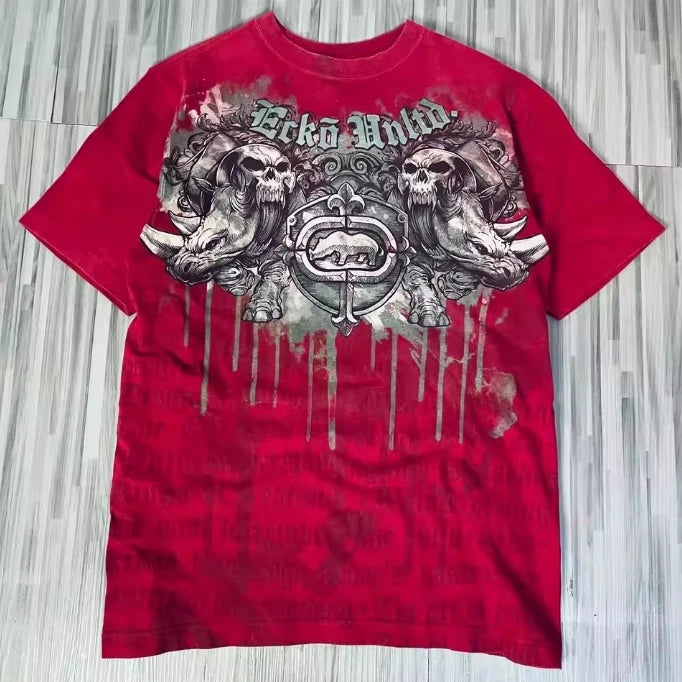 Summer New Affliction Washed T-shirt Retro Skull Print Short Sleeve Men Hip Hop Gothic Harajuku Trendy Punk Loose Top Streetwear