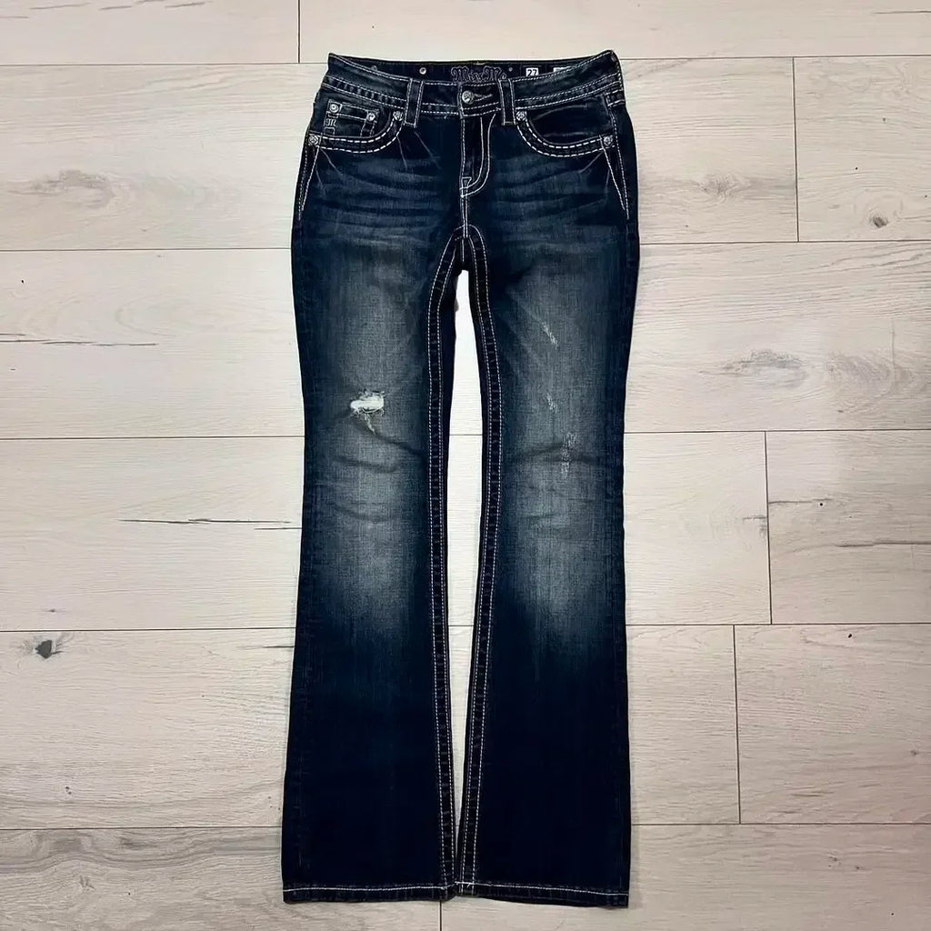 American 2000s Trend Women Jeans Rhinestone Embroidered Pocket Flanging Korean Version Oversized straight Denim Bell-Bottom