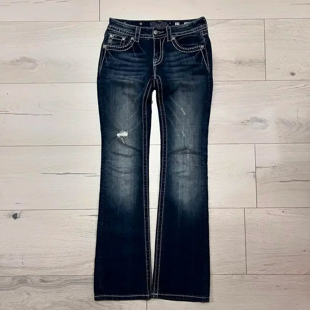 American 2000s Trend Women Jeans Rhinestone Embroidered Pocket Flanging Korean Version Oversized straight Denim Bell-Bottom