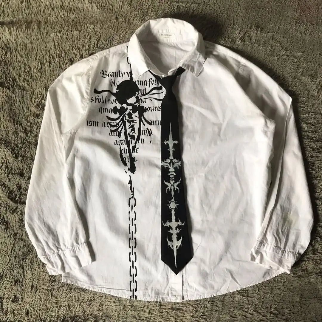 White Long Sleeves Shirt Affliction Harajuku Retro V-neck Shirt Men Skull Scripture Printing Tee Fashion Gothic Cotton Tops
