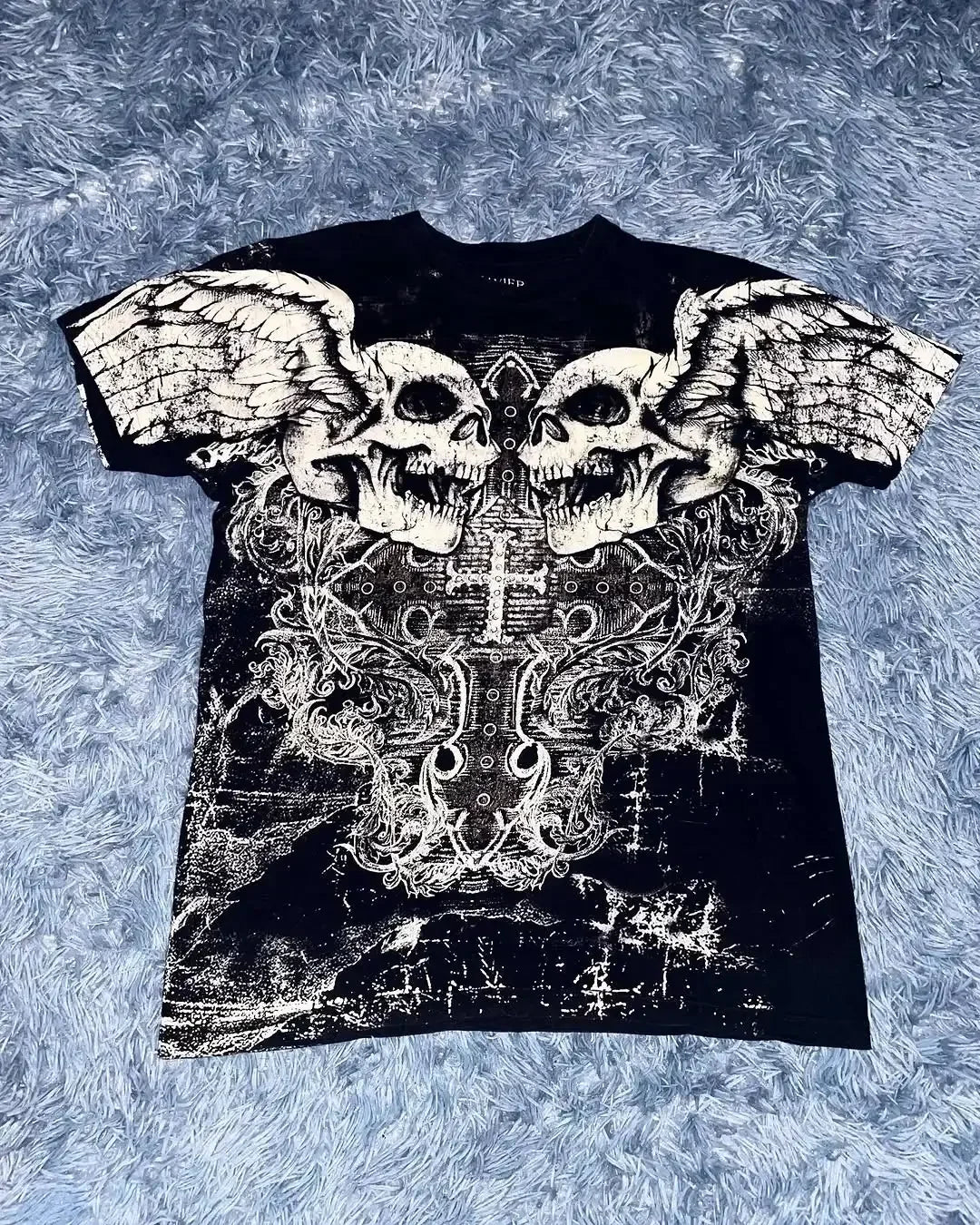Summer New Affliction Washed T-shirt Retro Skull Print Short Sleeve Men Hip Hop Gothic Harajuku Trendy Punk Loose Top Streetwear