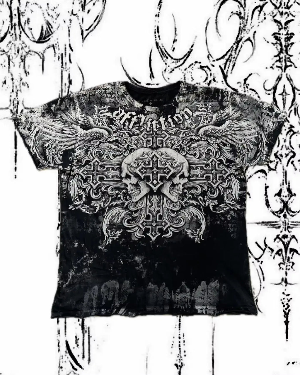 Affliction Gothic Script & Wing Print Tee, Exquisite Streetwear Graphic T - Shirt for Trendsetters