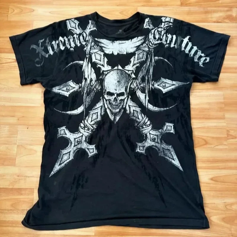 Summer New Affliction Washed T-shirt Retro Skull Print Short Sleeve Men Hip Hop Gothic Harajuku Trendy Punk Loose Top Streetwear