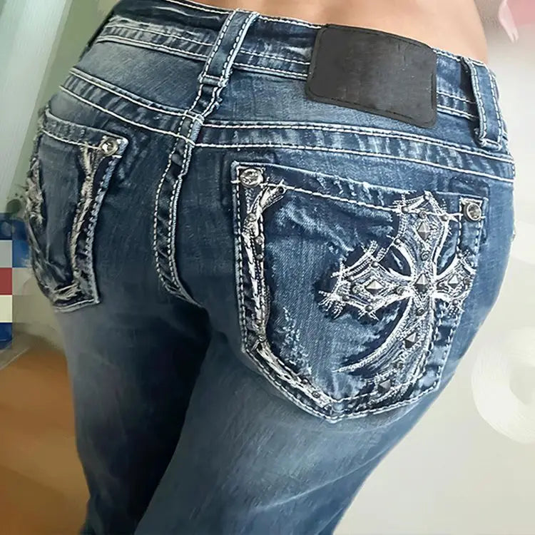 American style slim fit personalized cross embroidered jeans y2k millennial spicy girl low waist design with floor length pants
