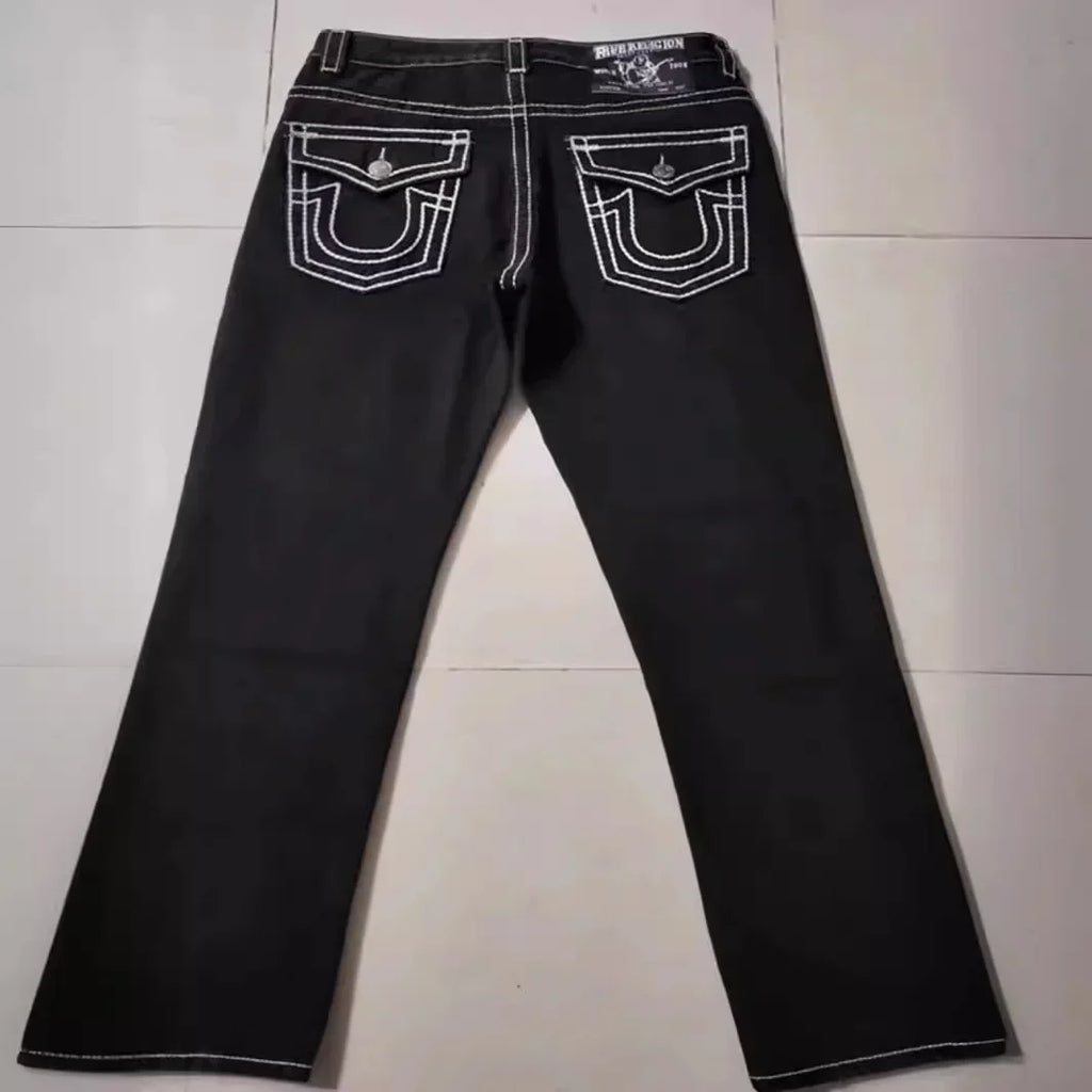 High Street Trendy Jeans White Thick Thread Buddha Religion Straight Casual Pants Men