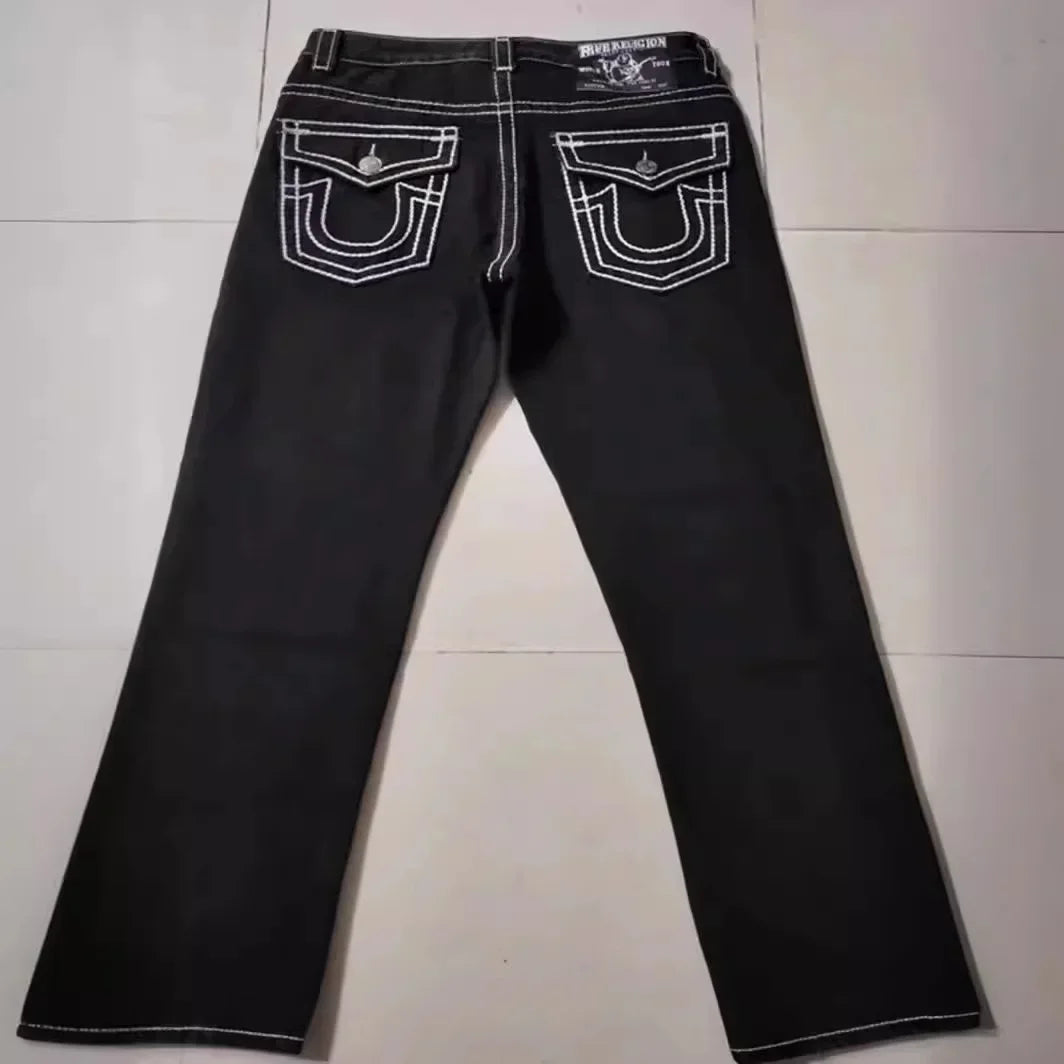 High Street Trendy Jeans White Thick Thread Buddha Religion Straight Casual Pants Men