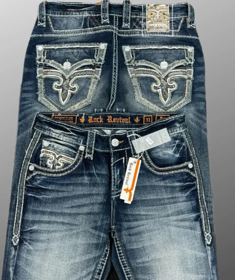 New Style Blue Embroidered Cross Pattern Jeans Vintage Streetwear Harajuku Casual Hip Hop Men and Women Y2k American Retro Jeans
