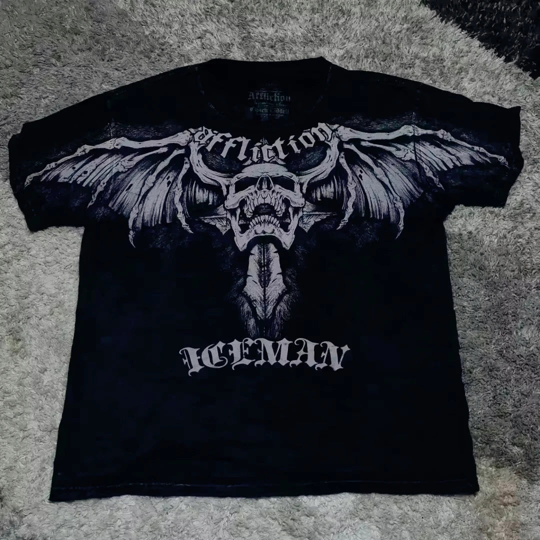 2000s Affliction Gothic T shirt Y2K Cotton Print T shirt Retro Street Letters For Men and Women Tops Graphic T shirts Street sty