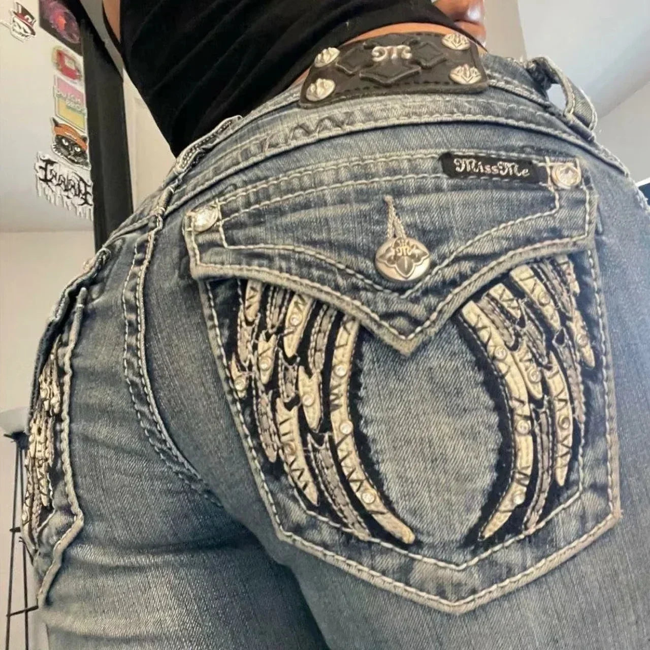 Retro Blue Jeans Woman Gothic High Waited Jeans Hot Diamond Embroidery Pattern Hip Micro Horn Baggy Jeans Street Clothing