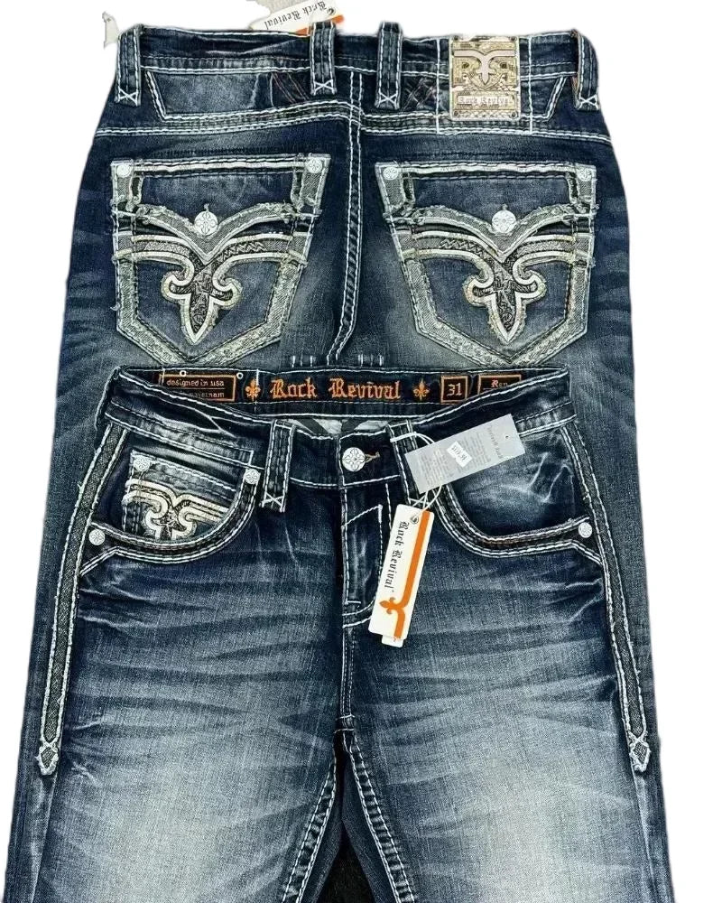 Retro Blue Jeans Woman Gothic High Waited Jeans Hot Diamond Embroidery Pattern Hip Micro Horn Baggy Jeans Street Clothing