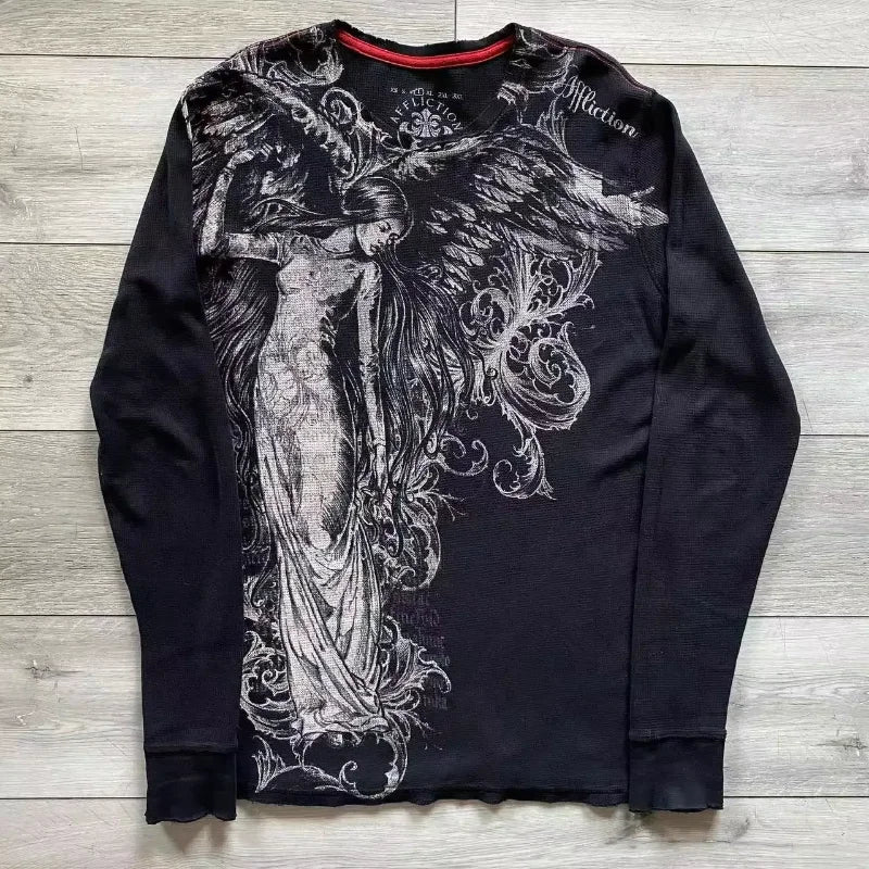 Affliction NewLong sleeved T shirt Hip Hop Round Neck Oversized shirt Women Casual Gothic Skull Holy Writ Letter Tops Streetwear