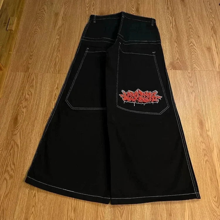 Harajuku Wide Pants Revival Mens Jeans Foliage Bootcut Women Y2K New Gothic Blue Denim Embroidery Pocket Hip Hop Street Wear