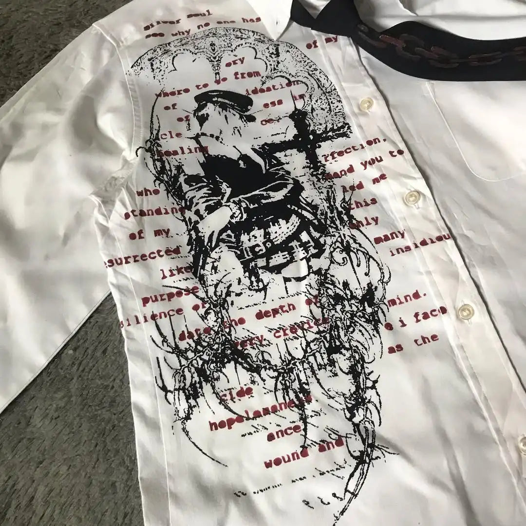 White Long Sleeves Shirt Affliction Harajuku Retro V-neck Shirt Men Skull Scripture Printing Tee Fashion Gothic Cotton Tops