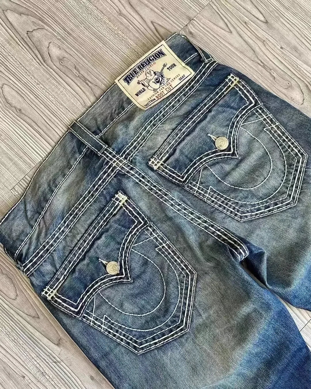 High Street Trendy Jeans White Thick Thread Buddha Religion Straight Casual Pants Men