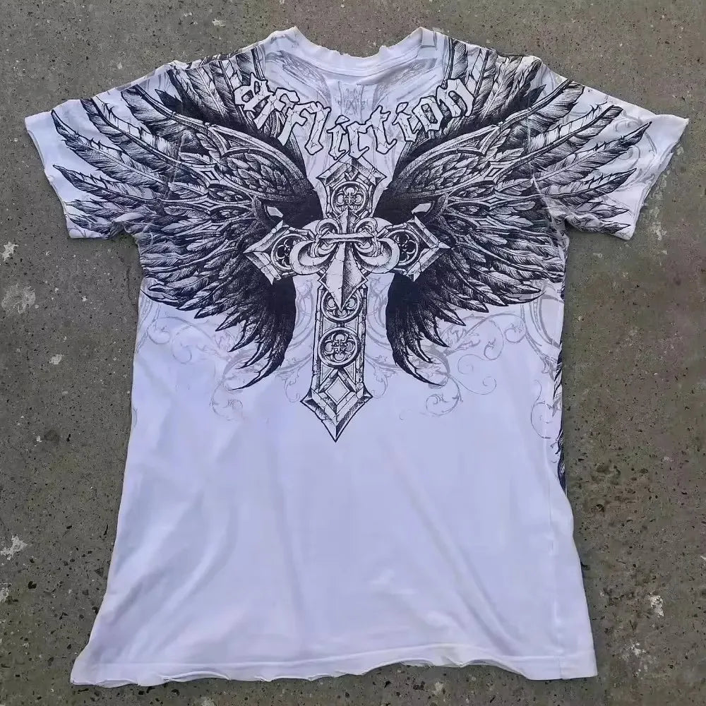 Affliction Gothic Script & Wing Print Tee, Exquisite Streetwear Graphic T - Shirt for Trendsetters