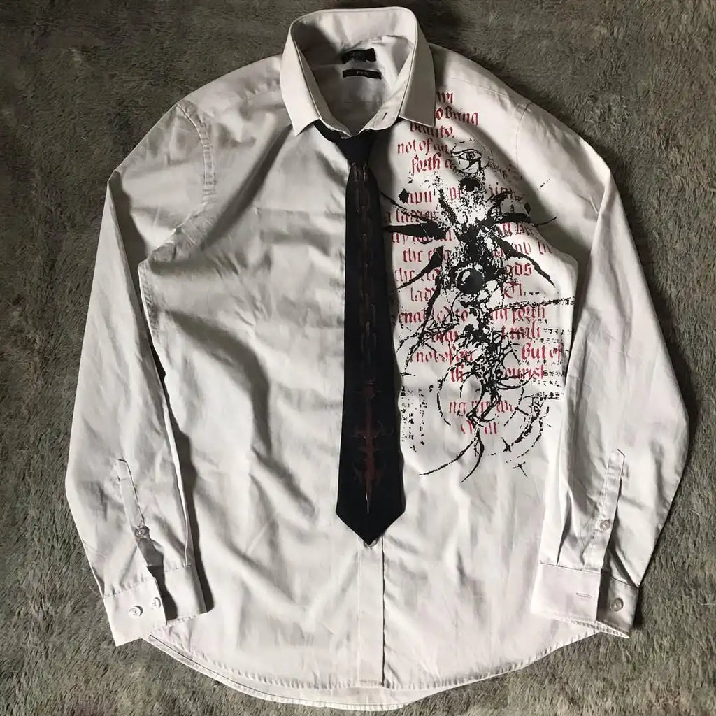 White Long Sleeves Shirt Affliction Harajuku Retro V-neck Shirt Men Skull Scripture Printing Tee Fashion Gothic Cotton Tops