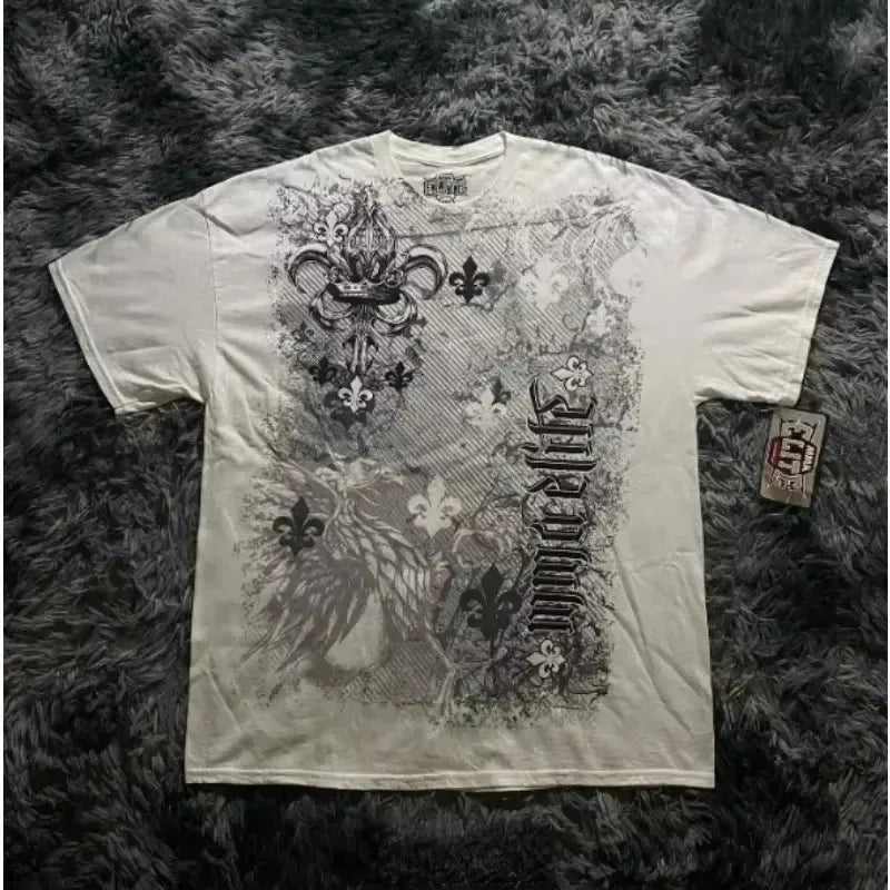 Affliction Gothic Script & Wing Print Tee, Exquisite Streetwear Graphic T - Shirt for Trendsetters