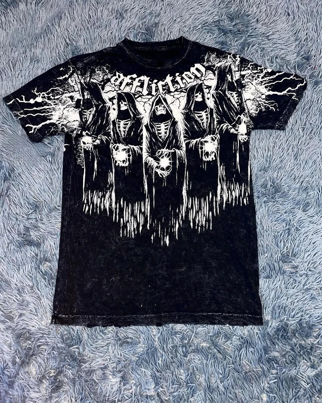 Summer New Affliction Washed T-shirt Retro Skull Print Short Sleeve Men Hip Hop Gothic Harajuku Trendy Punk Loose Top Streetwear