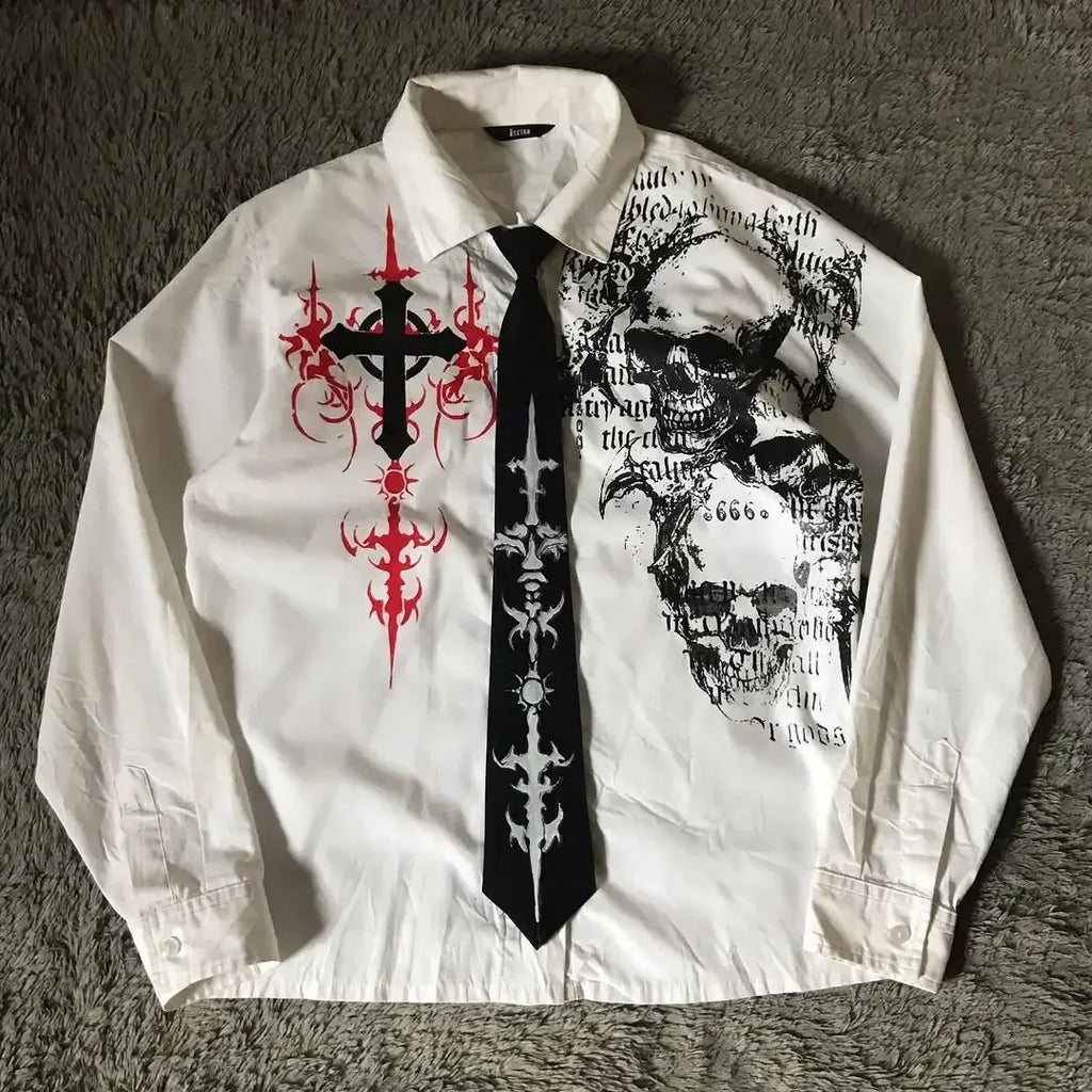 White Long Sleeves Shirt Affliction Harajuku Retro V-neck Shirt Men Skull Scripture Printing Tee Fashion Gothic Cotton Tops