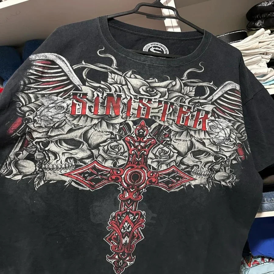 Affliction NewLong sleeved T shirt Hip Hop Round Neck Oversized shirt Women Casual Gothic Skull Holy Writ Letter Tops Streetwear