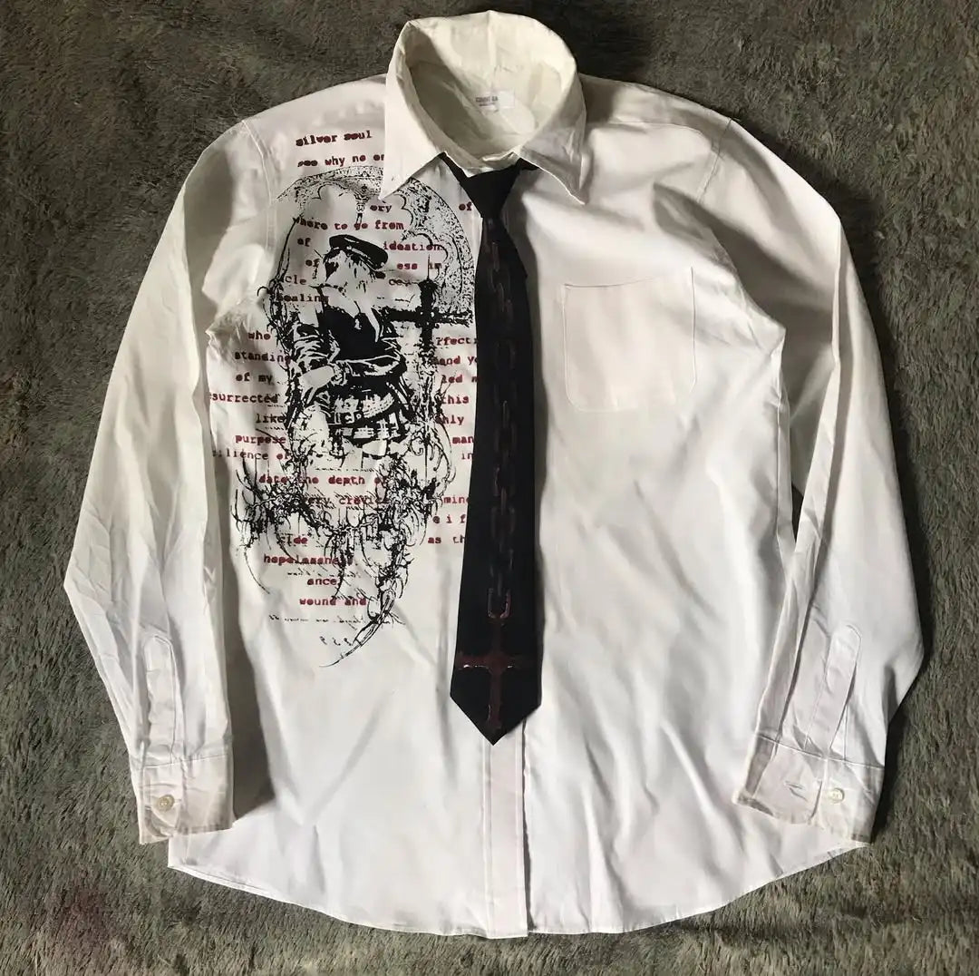 White Long Sleeves Shirt Affliction Harajuku Retro V-neck Shirt Men Skull Scripture Printing Tee Fashion Gothic Cotton Tops