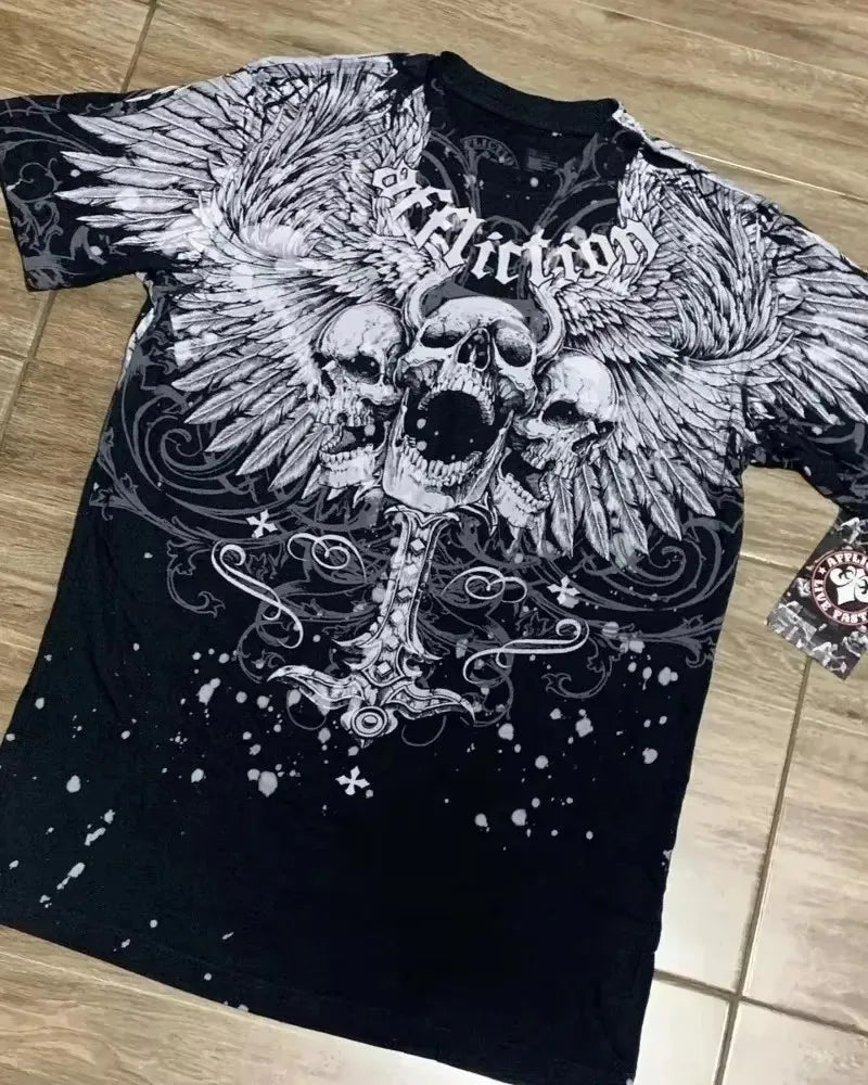 Affliction Gothic Script & Wing Print Tee, Exquisite Streetwear Graphic T - Shirt for Trendsetters