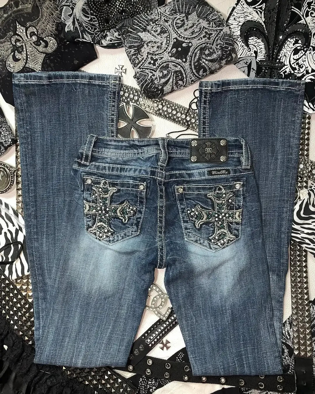 Retro Blue Jeans Woman Gothic High Waited Jeans Hot Diamond Embroidery Pattern Hip Micro Horn Baggy Jeans Street Clothing